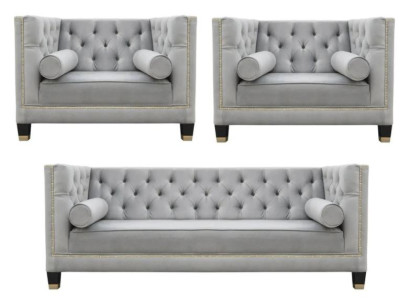 Sofa set Gray Chesterfield Armchair Luxury Furniture Textile Fabric Living room new
