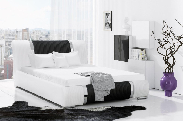 Bed Bed frame Double bed Beds Marriage bed Upholstered bed Chrome strip Möbwel White