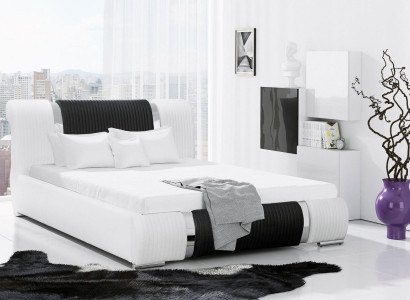 Bed Bed frame Double bed Beds Marriage bed Upholstered bed Chrome strip Möbwel White