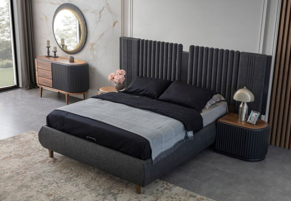 Black -Beige Bedroom Suite Designer Double bed 2x Bedside tables