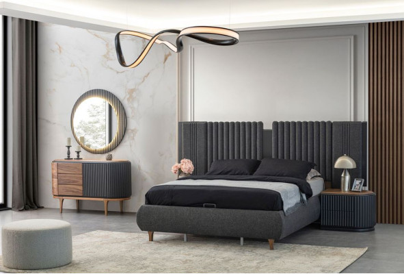 Black -Beige Bedroom Suite Designer Double bed 2x Bedside tables