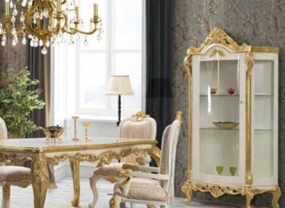 Luxurious dining room chair in beige-white tones with gold inserts, classically designed