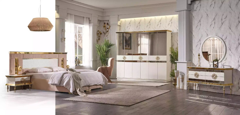 Beige Bedroom Suite Double bed 2x Bedside tables Sleeping tables 3 pieces