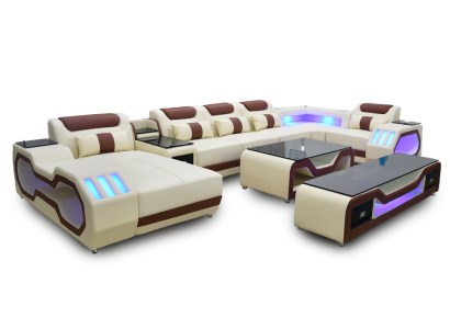 Living room set Corner sofa U-shape beige Coffee table TV stand Upholstery Illuminated