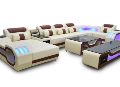 Living room set Corner sofa U-shape beige Coffee table TV stand Upholstery Illuminated
