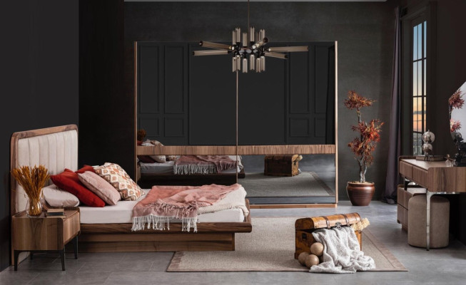 Luxury Brown Bedroom Set Bed 2x Bedside tables Wardrobe Modern