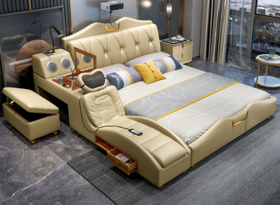 Design Bed Beige Hotel Upholstery 180x200 Multifunction Shelf Beds new