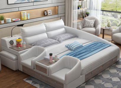 Bed Multifunction Shelf USB Charging Station Double Leather Beds 180x200