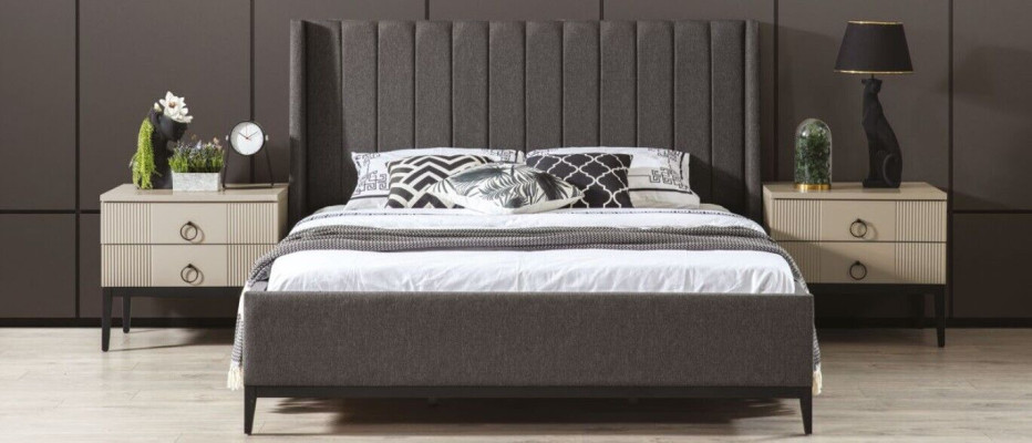 Stylish Bedroom Set Bed and 2x Bedside tables Luxury Furniture 3-piece Gray