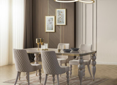 Dark beige Dining set Designer Wood Dining table x6 Chairs 7-piece luxury set