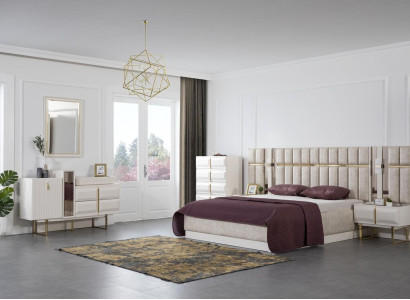 White Bedroom Furniture stainless steel Double bed 2x Bedside tables Console