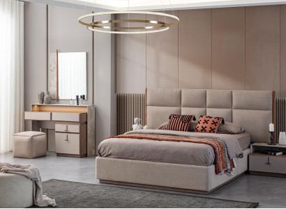 Luxury bedroom furniture Double bed Bedside tables Gray 6-piece Wardrobe Bed