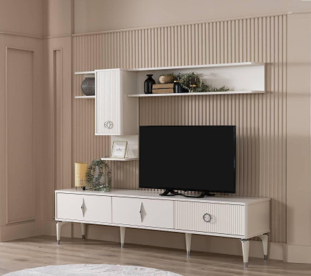 Complete e TV stand Wardrobe TV cabinet Lowboard Living room Shelves White Wood