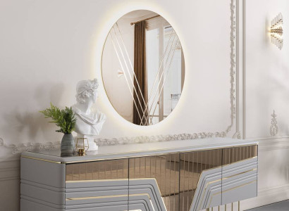 Modern silver sideboard round mirror LED lighting designer 2-piece set