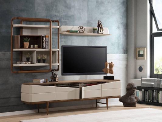 Beige Living room Suite TV cabinet -Lowboard 2x shelves Wood Designer Furniture