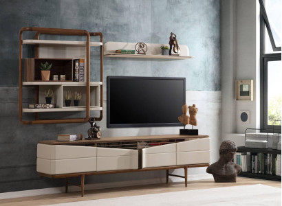 Beige Living room Suite TV cabinet -Lowboard 2x shelves Wood Designer Furniture