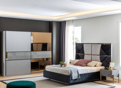 Modern Bedroom Set Designer Bed 2x Bedside tables Wardrobe