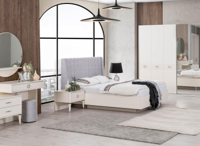 Suite Double bed bed frame Fabric Bedroom White Wood Set 7pcs