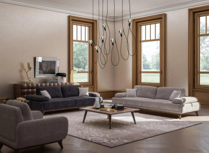 Living room Set Gray Sofa Two-seater with Three-seater Textile Design Coffee table