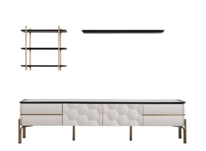 Modern white wall unit, practical TV wardrobe, luxurious shelves, 3-piece set