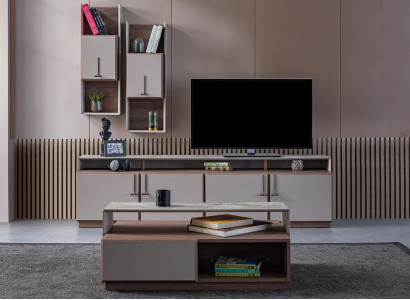 Group Living room TV stand wall cabinets lowboard gray sofa table 3 pieces