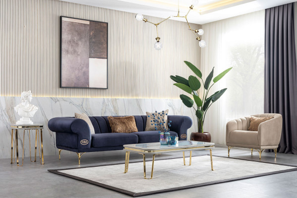 Blue -Beige Living room Set Luxury Sofa set 3+3+1 Seater Design Couch