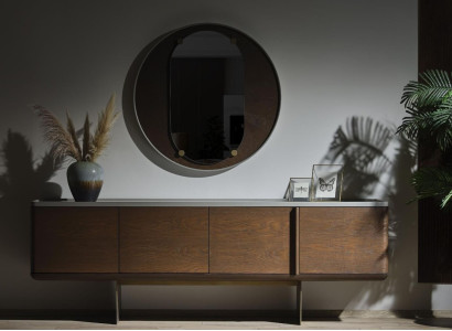 Brown sideboard modern wooden furniture luxury round mirror living room 2 pieces