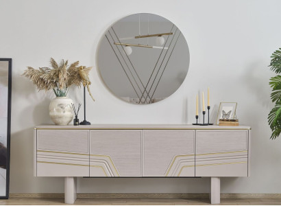 Beige luxury wooden furniture designer sideboard luxury round mirror modern 2-piece