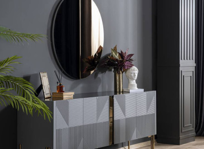 Black dining room set designer sideboard luxury round mirror 2 pieces