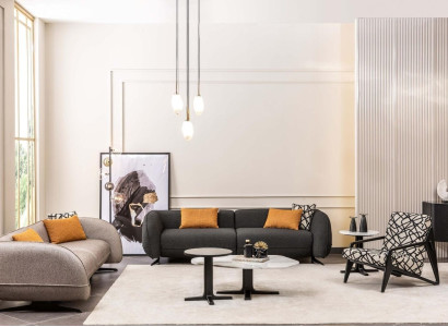 Gray three-seater upholstered sofas armchair coffee tables living room set 6 pieces