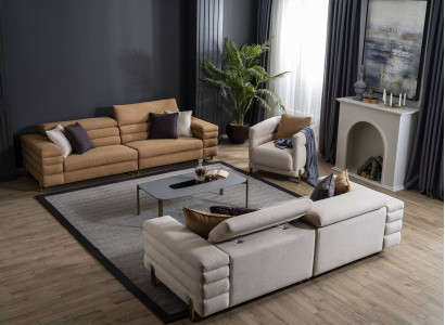 Brown-Beige Living room Sofa Set Designer 4+3+1 Seater Upholstered furniture