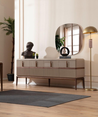 Beige Dining room Furniture Luxury Wood Sideboard 4-door Glass Mirror 2-piece set