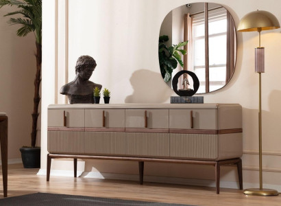 Beige Dining room Furniture Luxury Wood Sideboard 4-door Glass Mirror 2-piece set