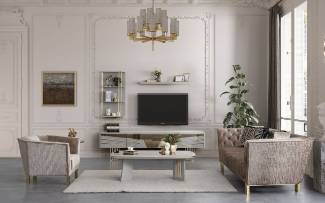 Modern Gray Living room Suite Luxury TV Wardrobe Wall Cabinets Shelves