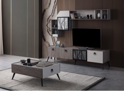 Group Living room TV stand wall cabinets lowboard gray sofa table 3 pieces