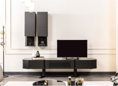 Black Wall unit Set Designer Wood TV Lowboard Luxurious x2 Wall Shelves