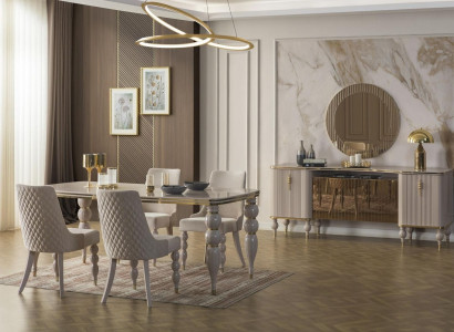 Beige Dining set Designer Dining room Furniture Dining table Chairs Sideboard 9 pieces
