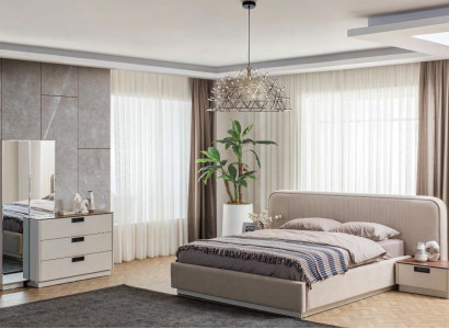 Beige Bedroom Furniture Textile Bed Wood Dressing Tables 2x Bedside tables