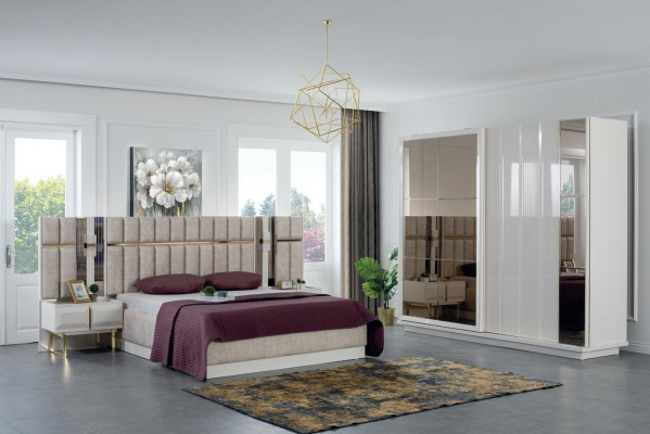 White-Beige Bedroom Suite Designer Double bed Wardrobe 4-piece