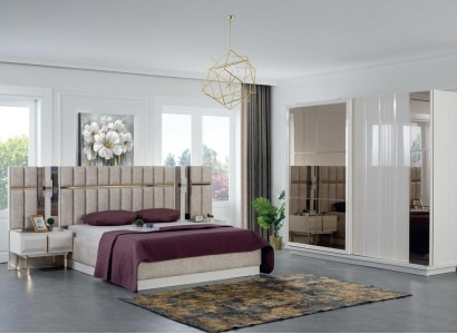 White-Beige Bedroom Suite Designer Double bed Wardrobe 4-piece