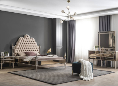 Modern Bedroom Suite Luxury Chesterfield Bed 2x Bedside tables