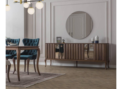 Brown 4-Door Sideboard Luxurious Mirror Dining room Wood Furniture 2pcs