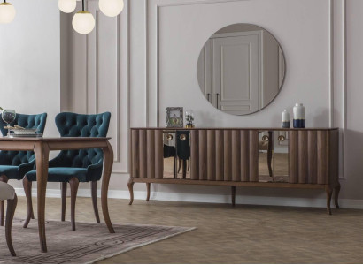 Brown 4-Door Sideboard Luxurious Mirror Dining room Wood Furniture 2pcs