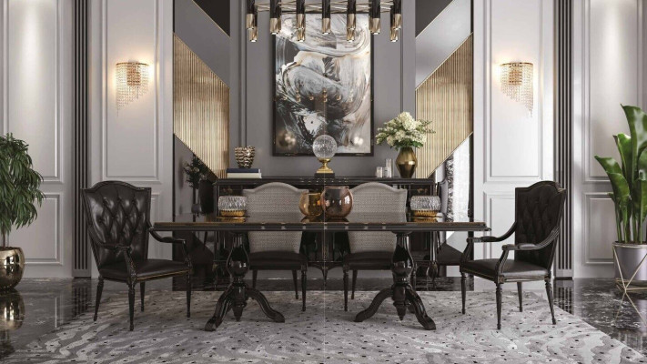 Luxury Dining room Set Suite 7pcs Black Wood Furniture Chest of drawers 6x Chair Table
