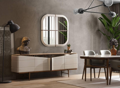 Dining room Set Beige Sideboard Rectangular Mirror Luxurious Wood Furniture