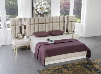 Modern Bedroom Suite Beige Double bed Luxury White Bedside tables