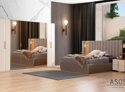 Beige Bedroom Suite Designer Bed Wardrobe 2x Bedside tables
