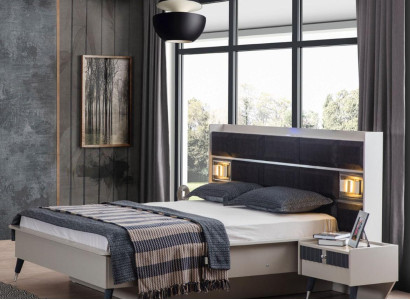 Gray and white Bedroom Suite Double bed 2x Bedside tables 3-piece set