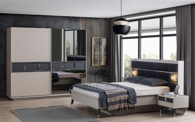 Gray and white Bedroom Suite Double bed 2x Bedside tables 3-piece set