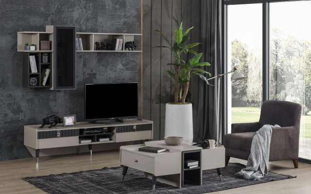Living room set designer TV cabinet stand luxury wood shelves coffee table 3 pieces
